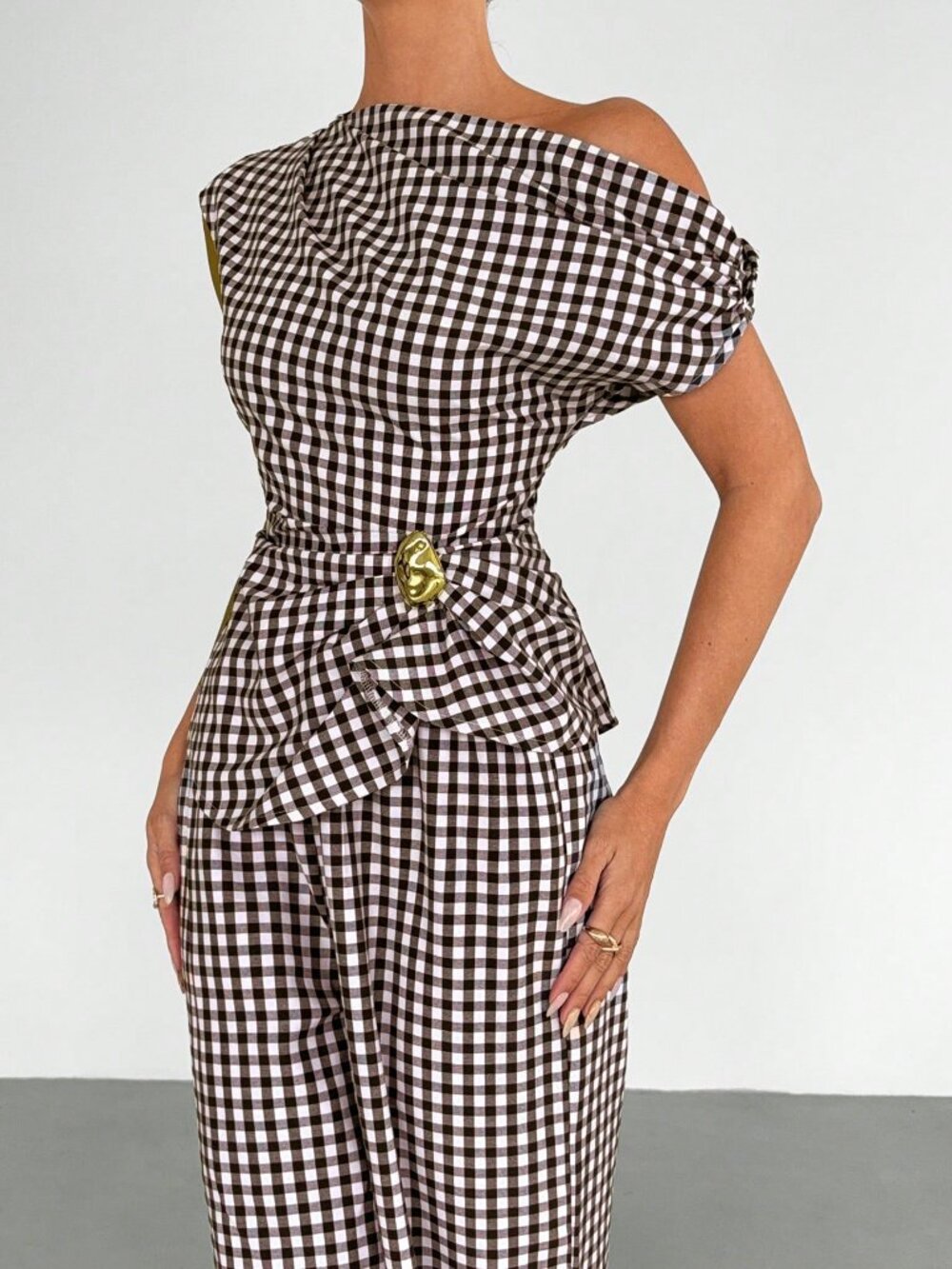 Brown Elegant Chic Plaid Women's One-Shoulder Peplum Top & Wide-Leg Pants Set - Picture 7 of 7